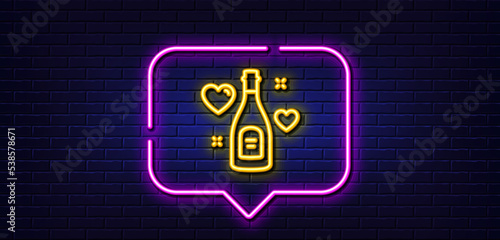 Neon light speech bubble. Love champagne line icon. Wedding drink sign. Couple relationships symbol. Neon light background. Love champagne glow line. Brick wall banner. Vector