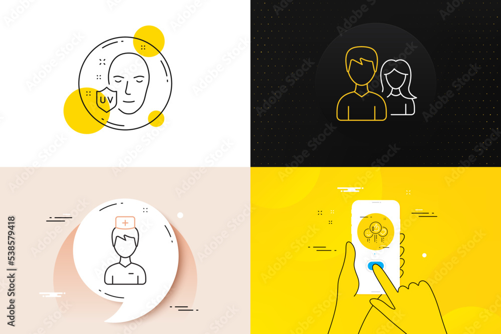 Minimal set of Like, Couple and Uv protection line icons. Phone screen, Quote banners. Doctor icons. For web development. Social media likes, Male and female, Ultraviolet. Medicine person. Vector Minimal set of Like, Couple and Uv protection line icons. Phone screen, Quote banners. Doctor icons. For web development. Social media likes, Male and female, Ultraviolet. Medicine person. Vector