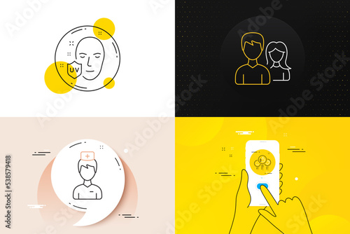 Minimal set of Like, Couple and Uv protection line icons. Phone screen, Quote banners. Doctor icons. For web development. Social media likes, Male and female, Ultraviolet. Medicine person. Vector