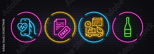 Cardio training, Delivery and Fake news minimal line icons. Neon laser 3d lights. Champagne bottle icons. For web, application, printing. Fitness app, Cargo schedule, Wrong fact. Vector