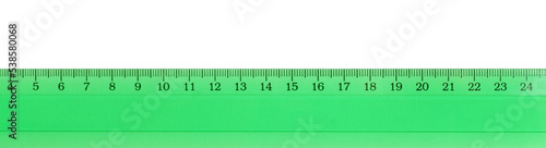 Ruler with measuring length markings in centimeters isolated on white, top view