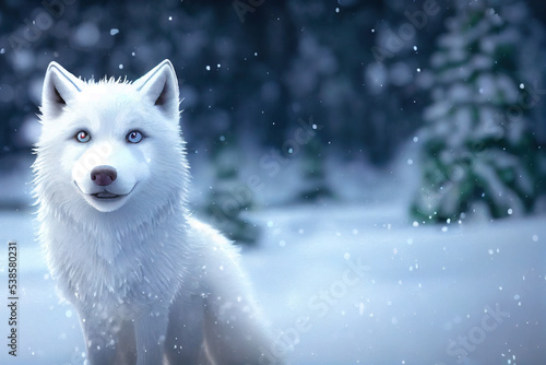 White Wolf in Winter Snow, Christmas made with AI, Artificial Intelligence © erick