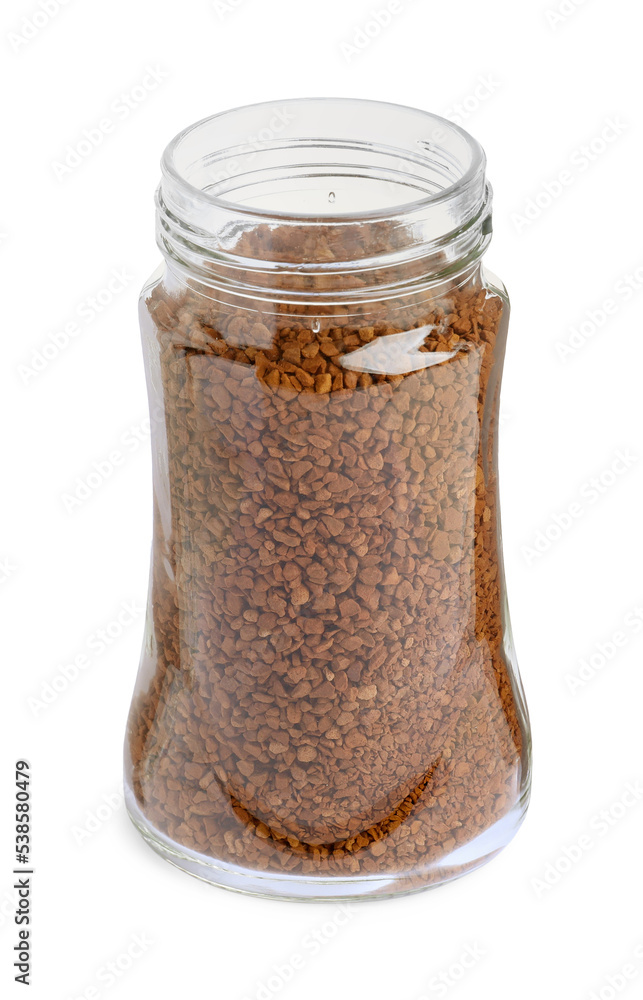 Glass jar of instant coffee isolated on white