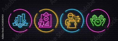 Teamwork chart, Inspect and Food delivery minimal line icons. Neon laser 3d lights. Safe time icons. For web, application, printing. Networking, Research report, Courier. Hold clock. Vector