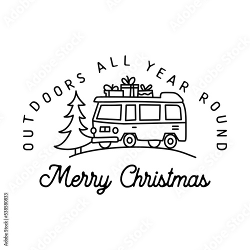 Mountain Camping christmas badge design with RV trailer in line art style and quote outdoors all the year Merry Christmas. Travel logo graphics. Stock vector label