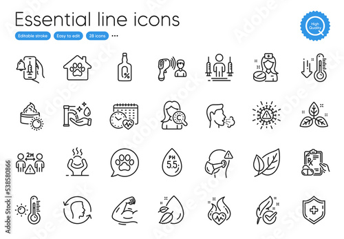 Pets care, Pet shelter and Water drop line icons. Collection of Cardio training, Social distance, Face id icons. Cough, Alcohol free, Hypoallergenic tested web elements. Outline pets care icon. Vector