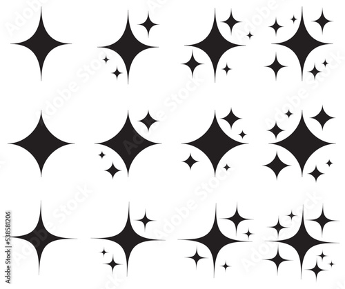 Black stars icon set. sparkling stars collection. Star icon collection. 12 Different star shapes. Sparkle star icon set. isolated Vector graphic elements. Blink vector signs clipart
