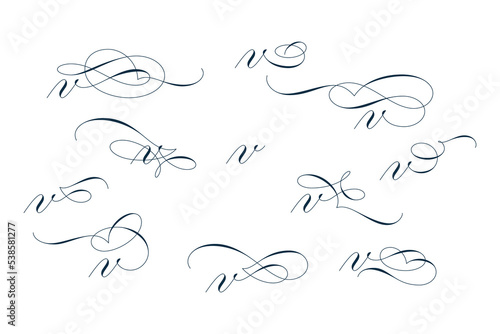 Set of beautiful calligraphic flourishes on letter v isolated on white background for decorating text and calligraphy on postcards or greetings cards. Vector illustration.