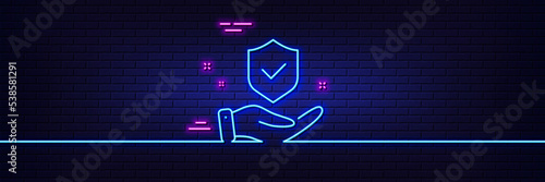 Neon light glow effect. Insurance hand line icon. Risk coverage sign. Policyholder protection symbol. 3d line neon glow icon. Brick wall banner. Insurance hand outline. Vector