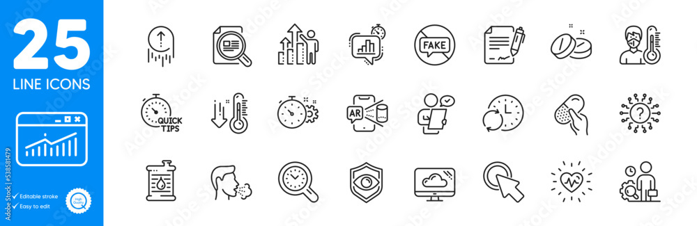 Outline icons set. Cough, Low thermometer and Question mark icons. Time management, Eye detect, Statistics timer web elements. Augmented reality, Quick tips, Heartbeat signs. Vector Outline icons set. Cough, Low thermometer and Question mark icons. Time management, Eye detect, Statistics timer web elements. Augmented reality, Quick tips, Heartbeat signs. Vector
