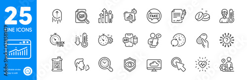 Outline icons set. Cough, Low thermometer and Question mark icons. Time management, Eye detect, Statistics timer web elements. Augmented reality, Quick tips, Heartbeat signs. Vector