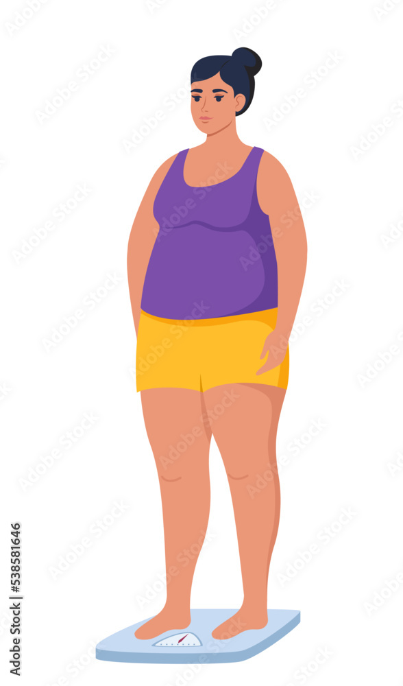 Fat obese woman standing on weigh scales. Oversize fatty girl. Obesity weight control concept. Overweight female cartoon character full length. Vector illustration.