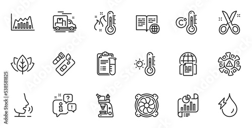 Outline set of Microscope, High thermometer and Coronavirus line icons for web application. Talk, information, delivery truck outline icon. Vector