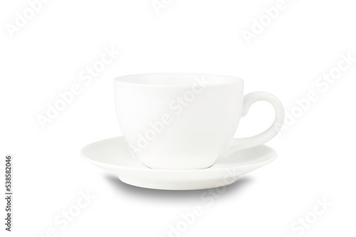 White coffee cup on dish isolated on white background with clipping path.