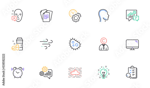 Copyrighter, Computer and Documents line icons for website, printing. Collection of Alarm clock, Time management, Face declined icons. Medical drugs, Idea, Head web elements. Cogwheel. Vector