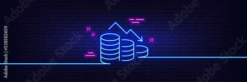 Neon light glow effect. Money loss line icon. Financial crisis sign. Business bankruptcy symbol. 3d line neon glow icon. Brick wall banner. Money loss outline. Vector
