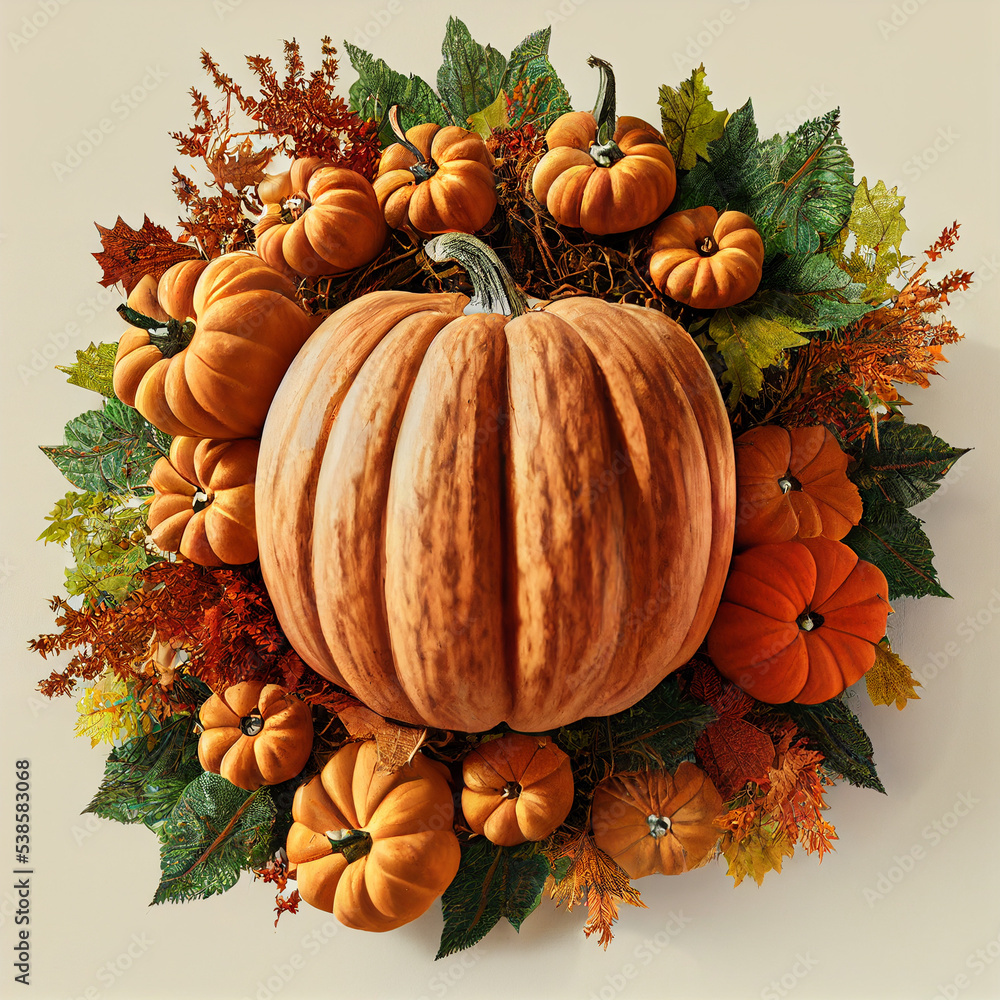 3d illustration of a big Halloween thanksgiving pumpkin surrounded by autumn leaves.