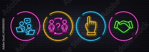 Delegate question, Click hand and Teamwork minimal line icons. Neon laser 3d lights. Handshake icons. For web, application, printing. Search worker, Direction finger, Remote work. Deal hand. Vector