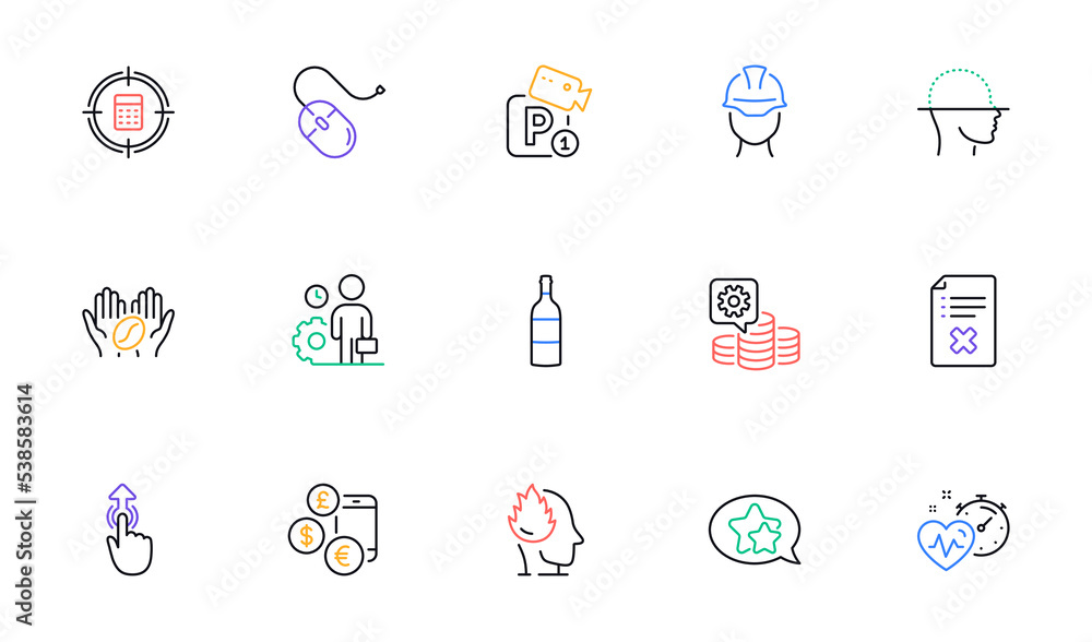 Star, Face scanning and Parking security line icons for website, printing. Collection of Making money, Foreman, Calculator target icons. Computer mouse, Swipe up, Wine bottle web elements. Vector Star, Face scanning and Parking security line icons for website, printing. Collection of Making money, Foreman, Calculator target icons. Computer mouse, Swipe up, Wine bottle web elements. Vector