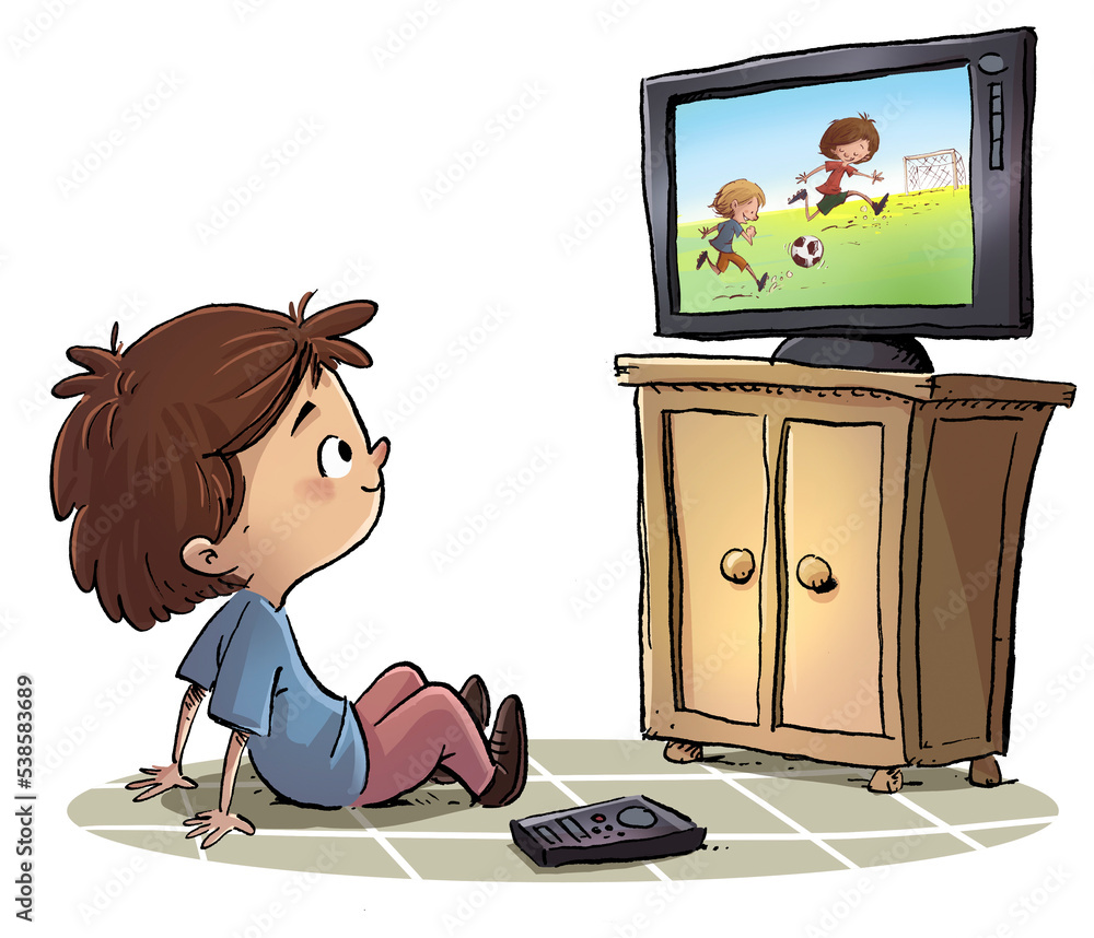 Boy is sitting on the floor and watching tv