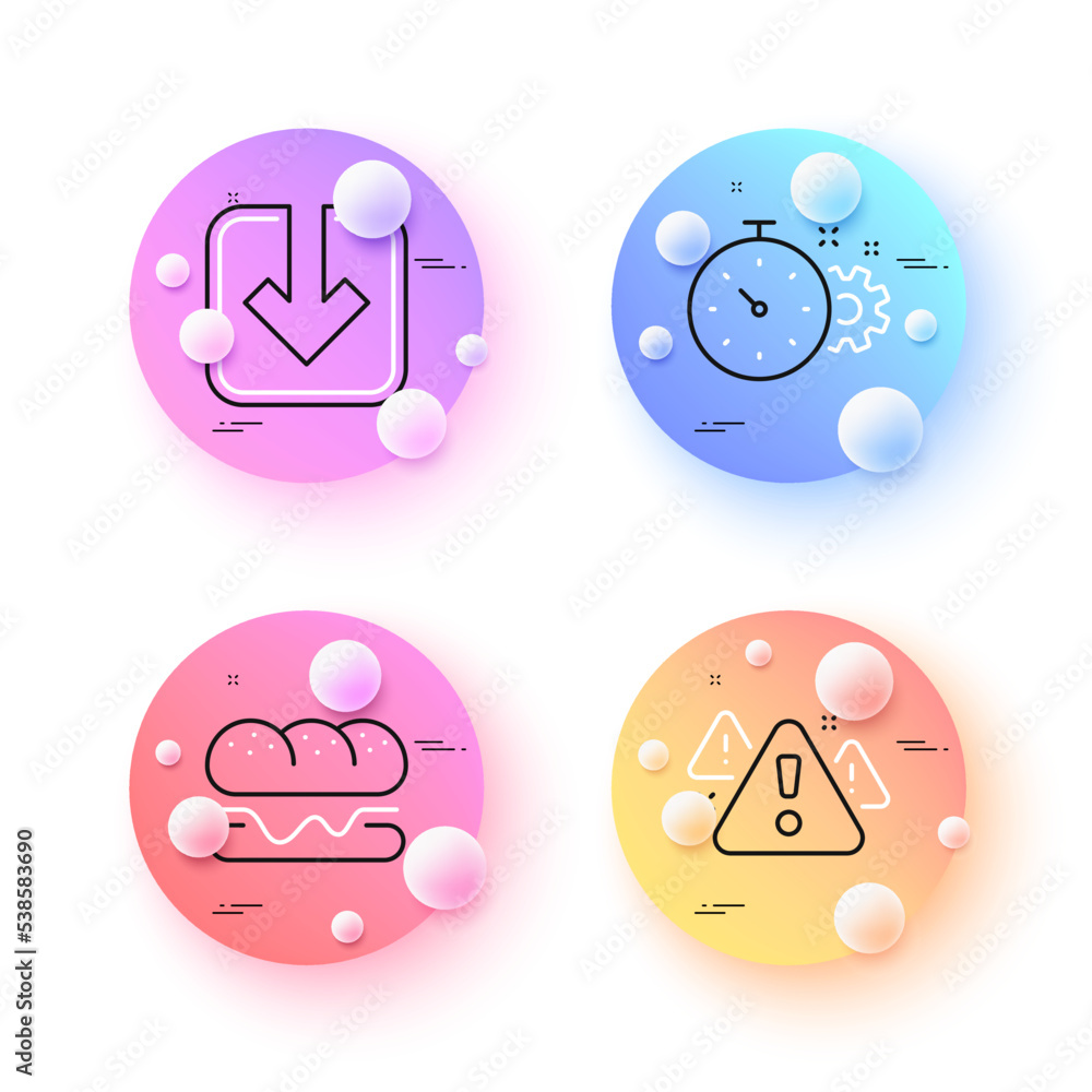 Cogwheel timer, Burger and Load document minimal line icons. 3d spheres or balls buttons. Warning icons. For web, application, printing. Engineering tool, Hamburger food, Download arrowhead. Vector Cogwheel timer, Burger and Load document minimal line icons. 3d spheres or balls buttons. Warning icons. For web, application, printing. Engineering tool, Hamburger food, Download arrowhead. Vector