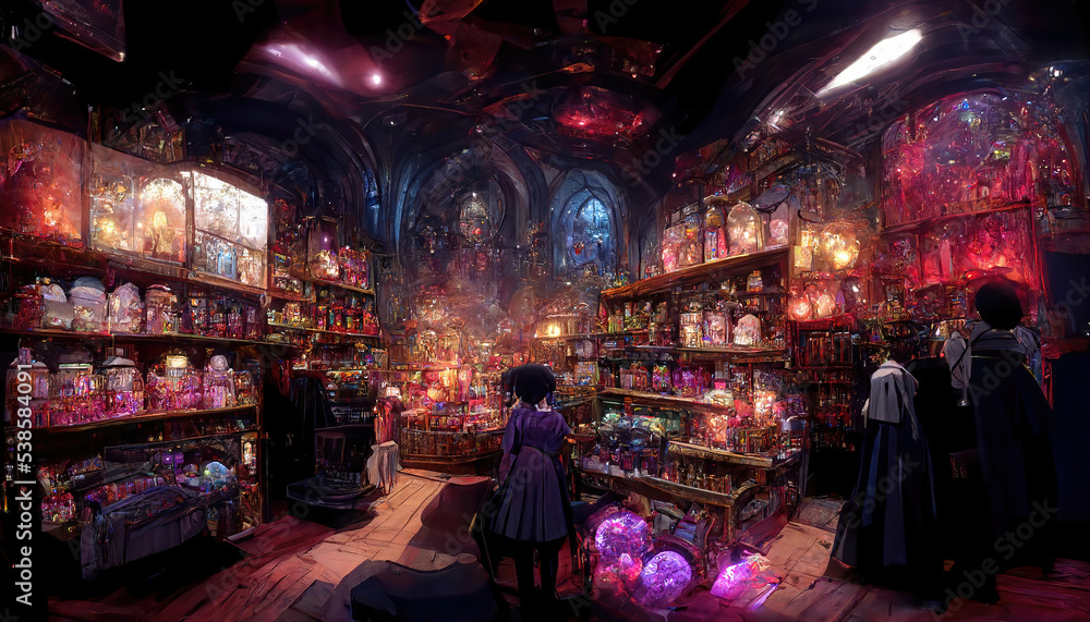 AI generated image of kids in a magic shop selling various magic related items 