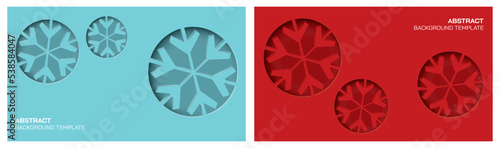 Set of abstract 3 dimension snowflake paper cut on blue and red background.