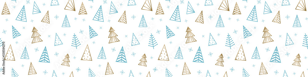 Golden Christmas trees - transparent background. Banner. PNG illustration