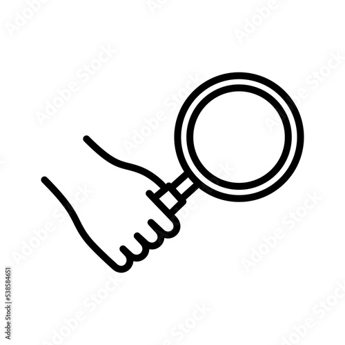 Hand with magnifying glass icon. Close inspection. Search for information.