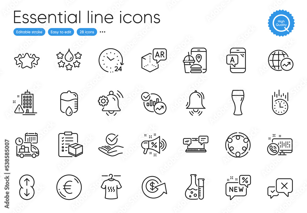 Euro money, Augmented reality and Internet chat line icons. Collection of Star, Scroll down, Approved icons. Quality, Sale megaphone, Statistics web elements. Delivery, Food app. Vector