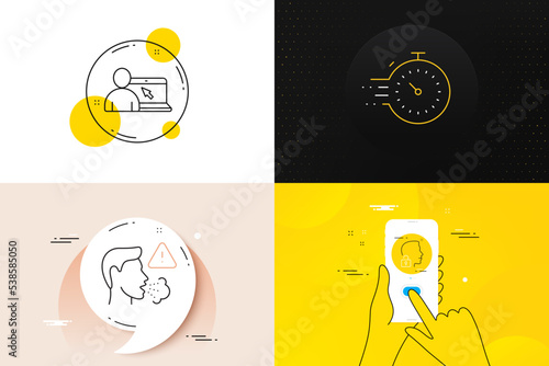 Minimal set of Online education, Unlock system and Cough line icons. Phone screen, Quote banners. Timer icons. For web development. Internet lectures, Access granted, Flu symptom. Vector