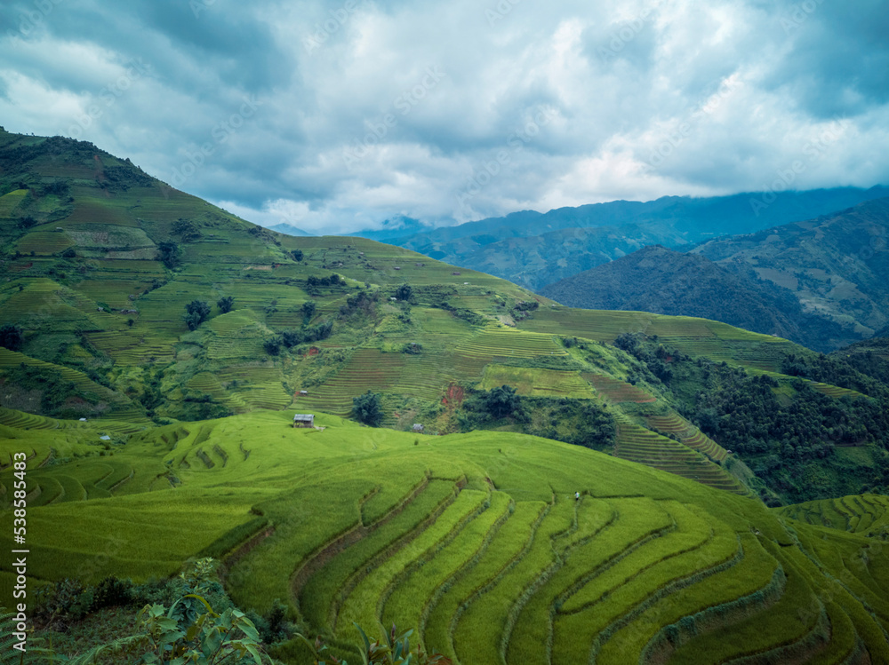 Beautiful landscape mountain green field grass meadow white cloud blue sky on sunny day. Majestic green scenery big mountain hill cloudscape valley panorama view in countryside greenery pasture