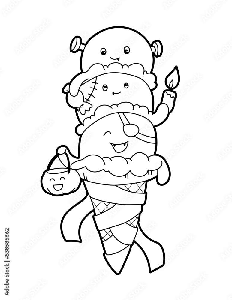 Ice cream halloween, spooky, line art, coloring book
