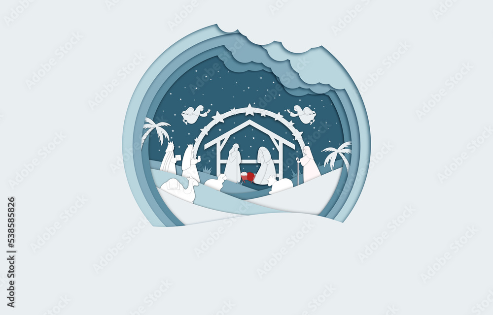 Baby Jesus Christ was born in a manger. Bethlehem. Birth of Christ. Mary and Joseph. Christmas and New year modern design for cards, advertising, and poster. illustration concept with copy space.