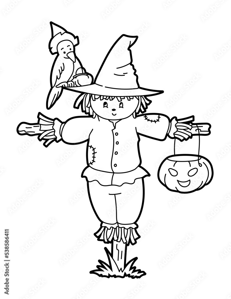 Scarecrow, cartoon, coloring page, spooky, halloween, line art Stock ...