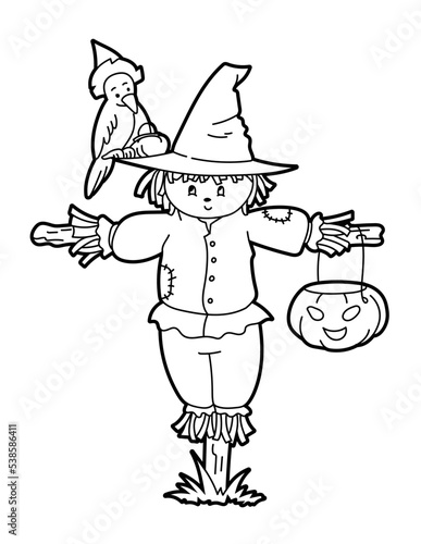 Scarecrow, cartoon, coloring page, spooky, halloween, line art