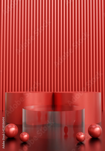 Three cylinder podiums with transparent glass texture. Stand to show products in red color. Pedestal in vertical size. Minimal beauty fashion backdrop for smartphone. 3D rendering.