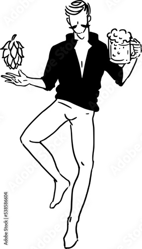 Man with beer and hop cone. Simple line drawing vector illustration.
