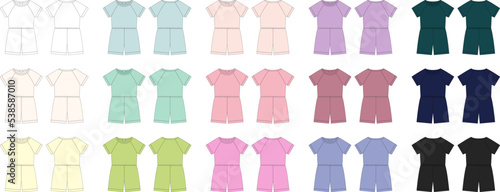 Set of cotton oversized raglan jumpsuit technical sketch. Women s romper design template multicolored collection.