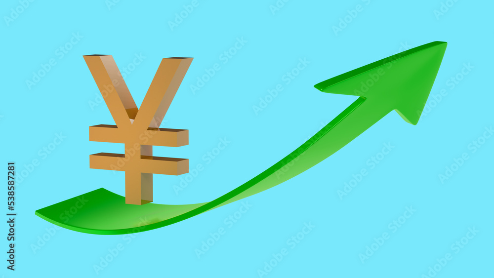 Fototapeta premium Gold plated yen symbol slides up a green arrow pointing up on a light blue background with space for text or logo. 3D rendering.