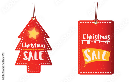 Vector red christmas sale paper price tag, christmas tree shape and red square and snow hand drawn elements, hanging with discount text for newyear shopping holiday promotion Vector illustration.