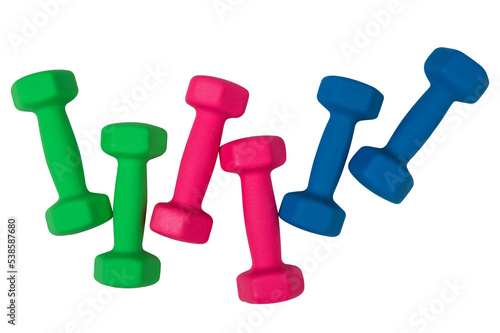 Three pairs of colored dumbbells, pink, blue and green, as if levitating, on a white background, isolate