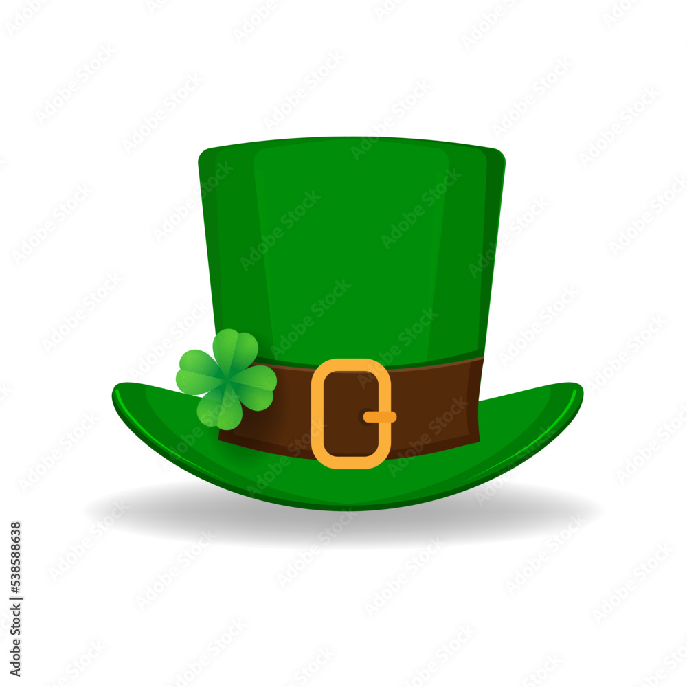 Patrick hat. Green hat with four leaf clover isolated on white background. Happy St. Patrick's day. Usable as icon, banner, design element. Vector illustration