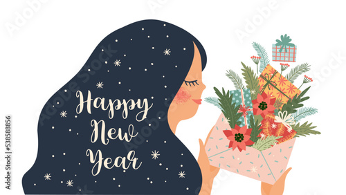 Christmas and Happy New Year isolated illustration with cute woman. Vector design.