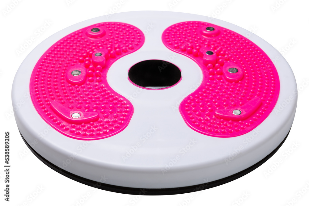 rotary disk simulator, with pink overlays, for training the abdominal muscles, on a white background