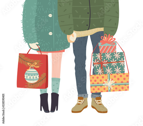 Christmas and Happy New Year isolated illustration with romantic couple with gifts. Trendy retro style. Vector design.