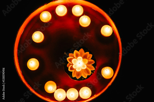 Happy Diwali In Every Home. Rangoli With Lights and Water. Family Special Event Holidays. Festival of Lights. Black Background   