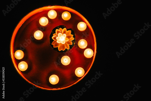 Special Lights Of Happy Diwali! Rangoli With Lights and Water. Family Special Event Holidays. Festival of Lights. Black Background   
