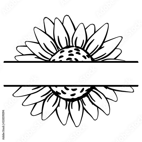 Abstract sunflower flower with a gap. Monogram in form of flower to insert name or surname. Family farmhouse logo. Outline contour drawing. Doodle sketch style. Floral split monogram. Tag, label, icon © Lyudmyla