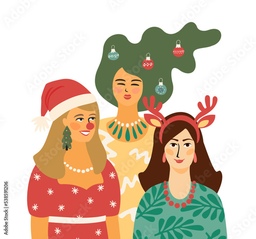 Christmas and Happy New Year isolated illustration with people in carnival costumes. Vector design
